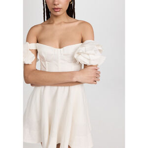 Bardot 'Sigma' White Cotton Linen Blend Off Shoulder Floral Accent Mini Dress